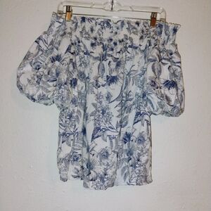 CeCe Blue and White Floral Off-Shoulder Blouse